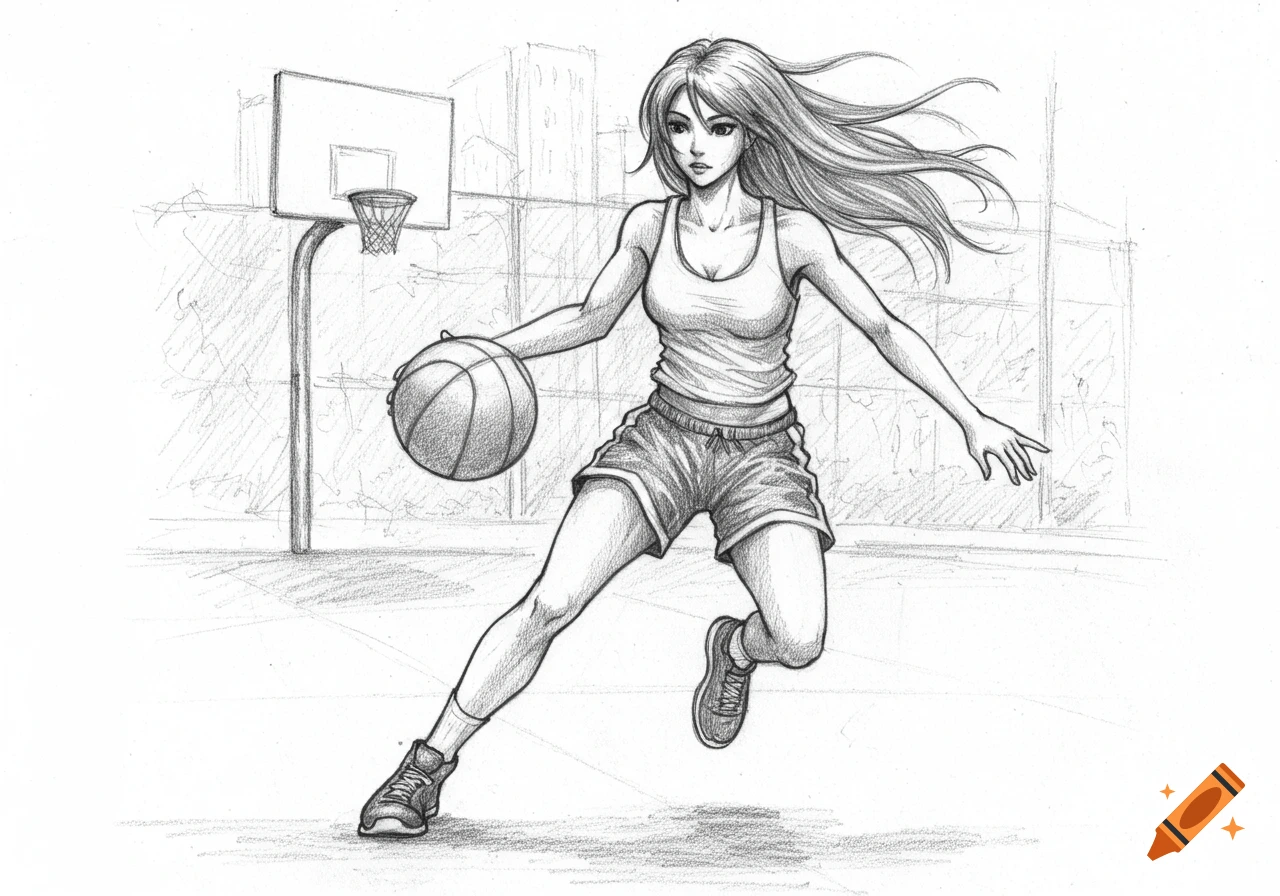 A pencil sketch of an anime girl playing basketball on a court.