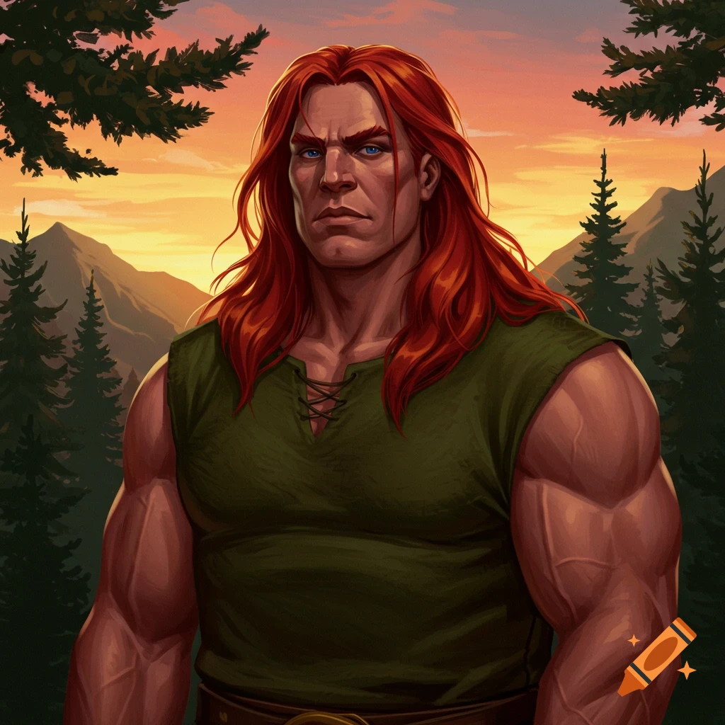 A muscular man with long red hair and blue eyes, wearing a green tunic, stands against a mountainous sunset landscape.
