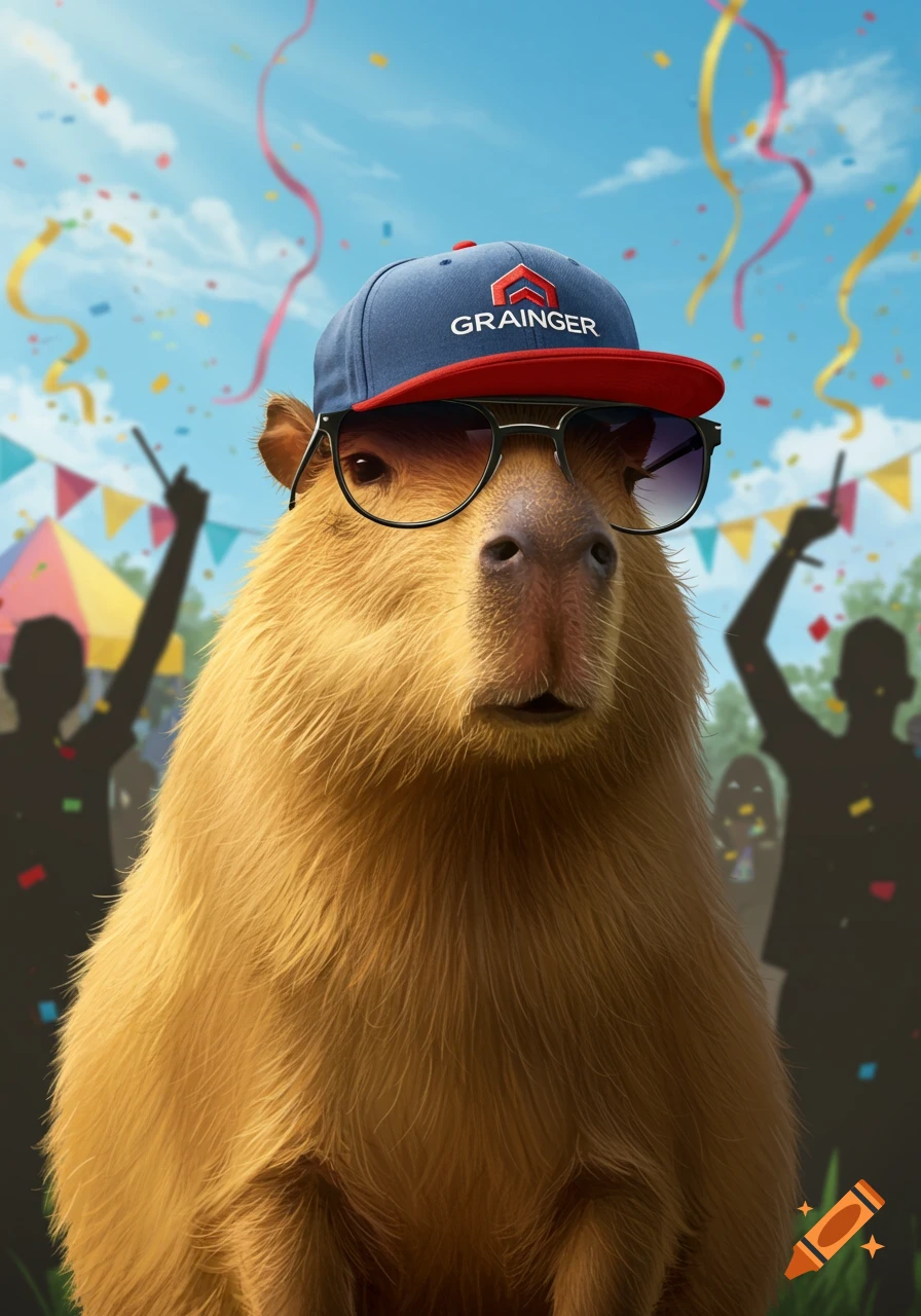 Photorealistic capybara wearing sunglasses and a Grainger hat at a festive outdoor party with confetti and people.