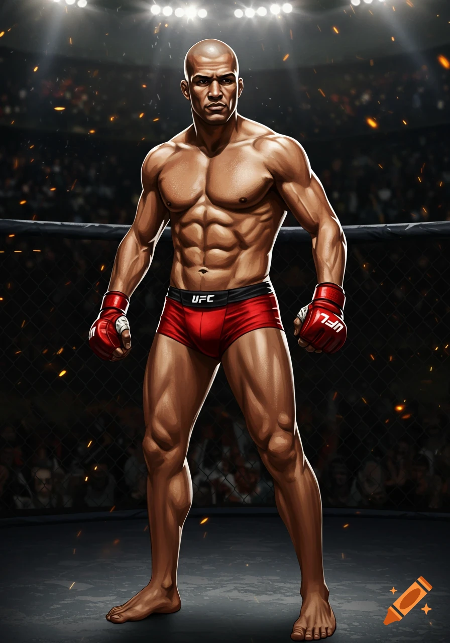 An illustration of a bald, muscular MMA fighter in red trunks and gloves standing in a ring.