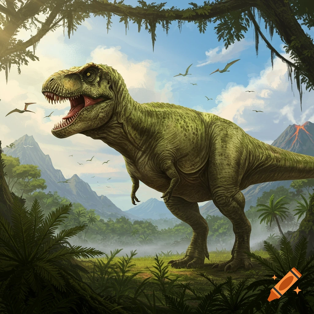 A large green Tyrannosaurus Rex roars in a lush prehistoric jungle with a volcano and flying pterodactyls.