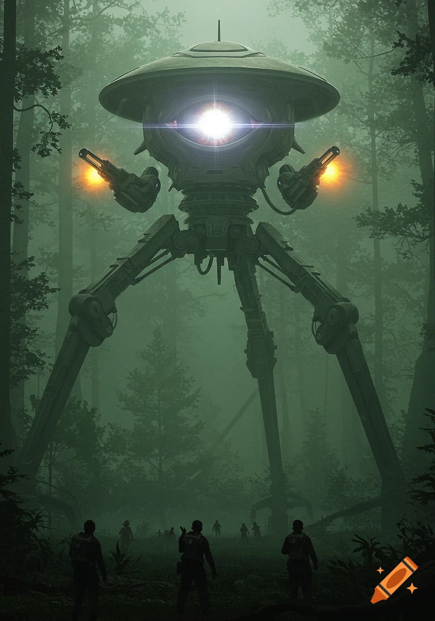 A massive, bright-eyed Martian tripod with heat ray cannons looms over silhouetted figures in a misty forest.