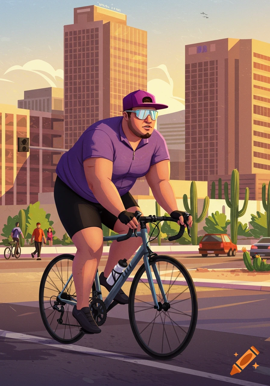 Illustrated husky man in purple on a road bike cycling through downtown Phoenix with tall buildings and cacti.