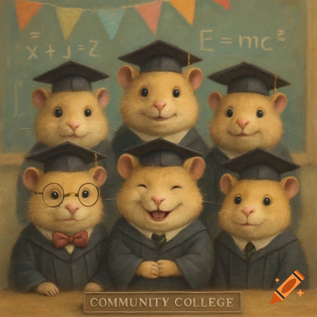 Six cute, illustrated hamsters in graduation caps and gowns pose for a yearbook photo in front of a blackboard and a 'Community College' sign.