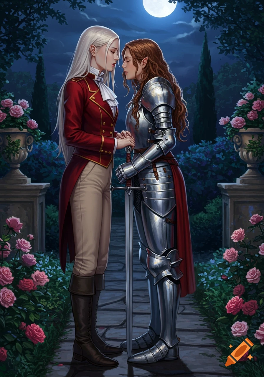 A fantasy illustration of two women in a garden at night; one in a red tailcoat, the other in knight armor, holding hands.