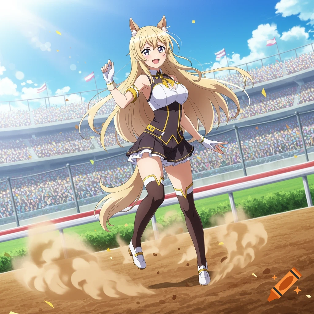 Anime woman with horse ears and long blonde hair in a racing uniform on a dirt track, stadium visible.