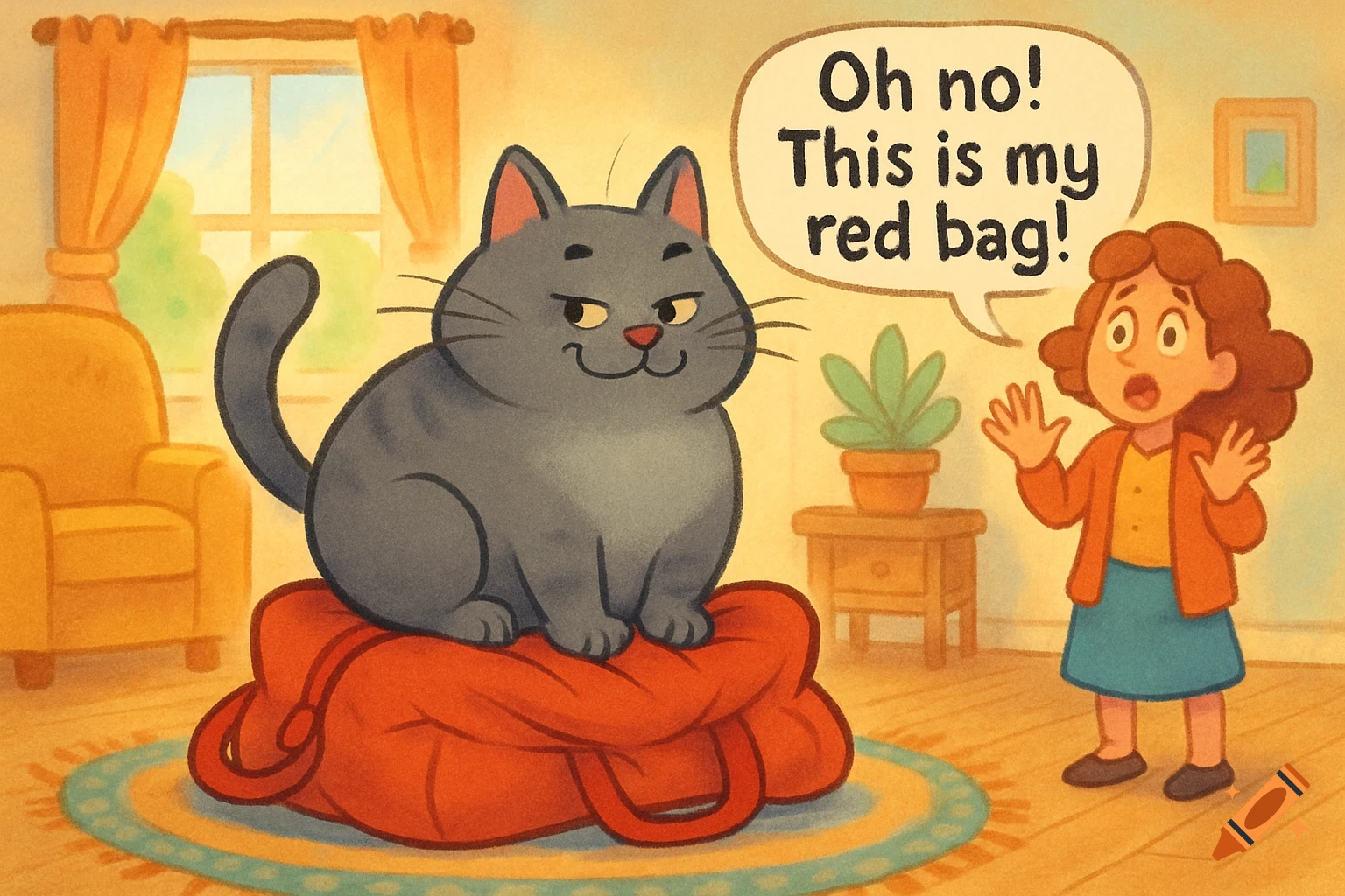 A gray cartoon cat sits on a red bag, while a surprised girl exclaims, "Oh no! This is my red bag!" in a speech bubble. The scene is a colorful, warm home interior.