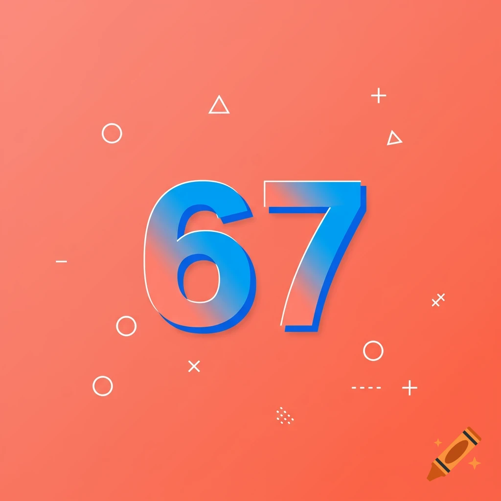 The number 67 in blue with a gradient effect on a coral background with abstract shapes.