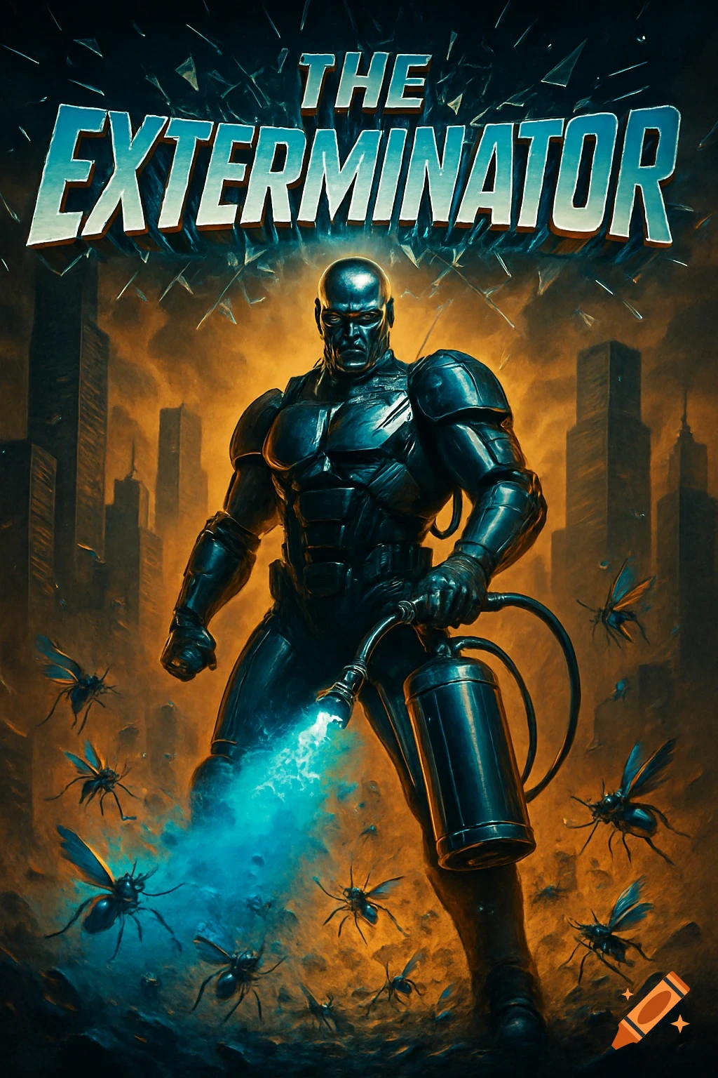 Dark movie poster of an armored exterminator spraying blue mist at flying insects with city skyscrapers in the background. Title 'THE EXTERMINATOR'.