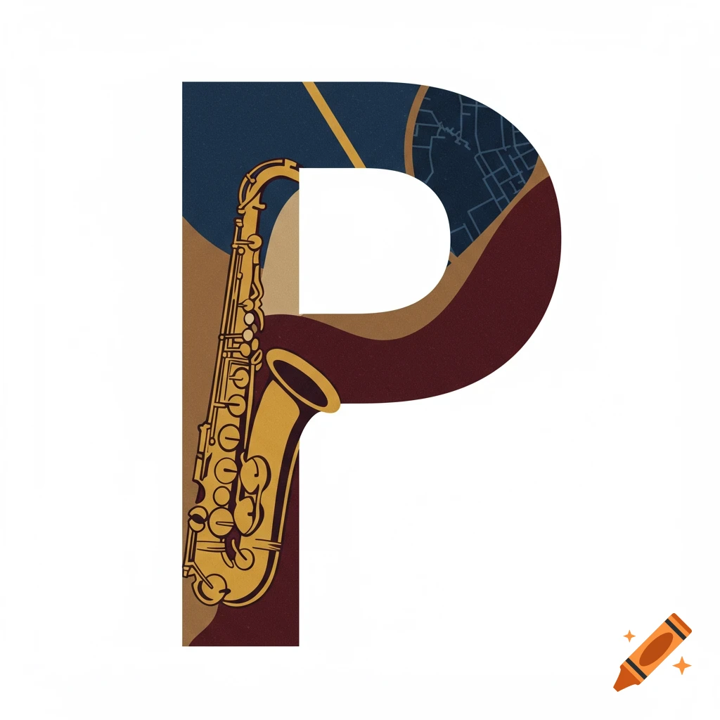 Abstract letter P in dark blue and burgundy with a gold saxophone and subtle map elements.