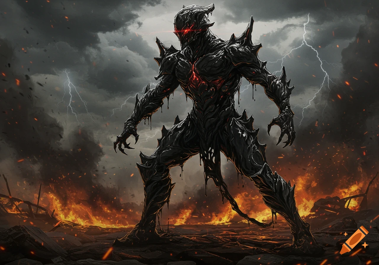 A menacing, spiky, tar-like creature with glowing red eyes stands on a fiery, ruined battlefield under a stormy sky with lightning.