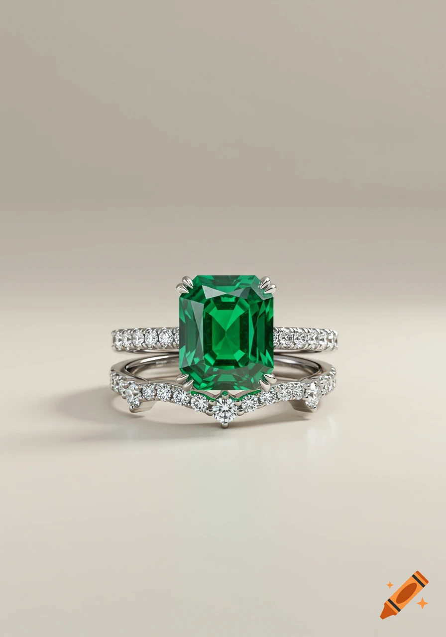 A hyperrealistic emerald engagement ring with a matching diamond wedding band on a light background.