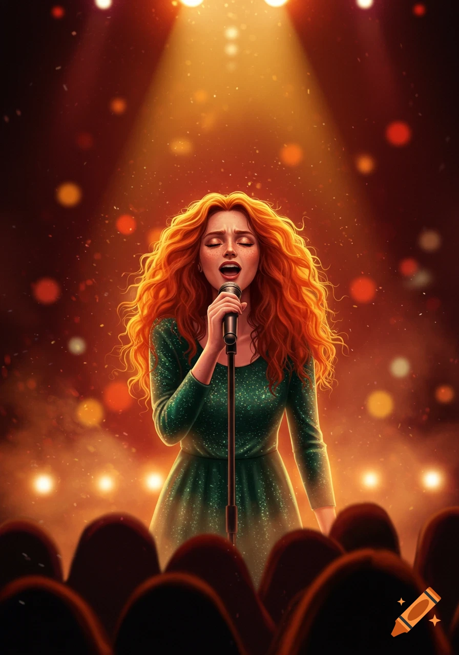A red-headed woman in a green dress sings into a microphone on stage, illuminated by bright spotlights, with an audience in the foreground.