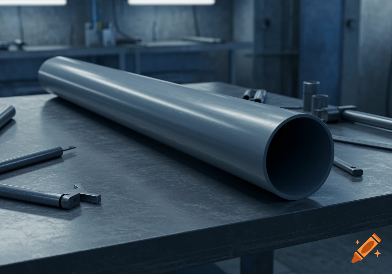 A long, gray PVC pipe lies on a dark workbench in a workshop, with other metal tools visible around it.