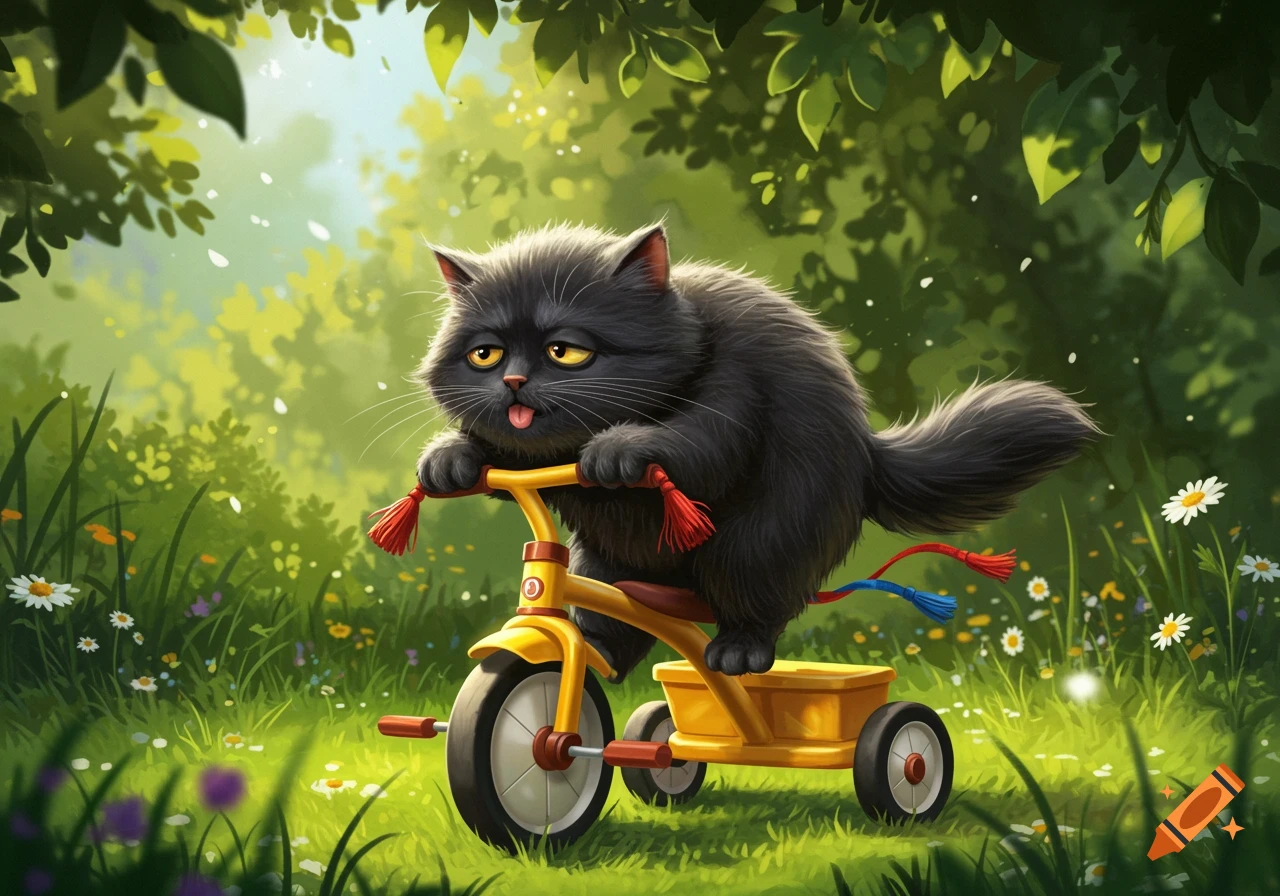 A fluffy black cat with droopy eyes and tongue out, riding a yellow tricycle through a green, flowery forest.