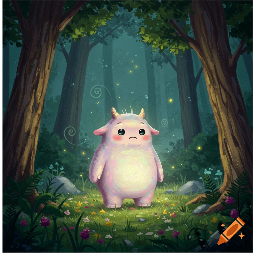 A cute, pink, horned monster stands in a dark, enchanted forest with glowing fireflies and colorful flowers, illustrated.