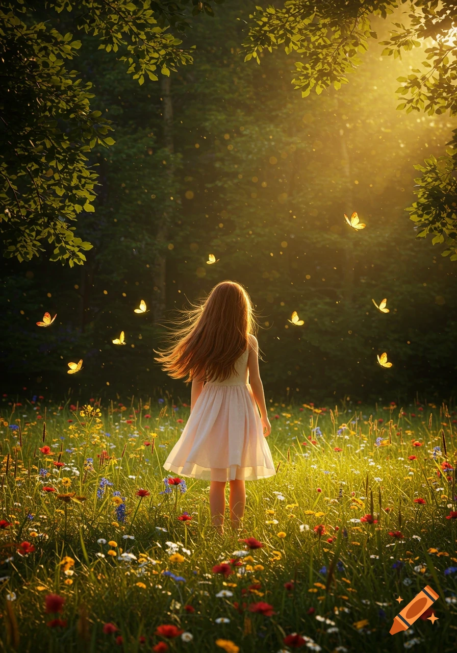 A girl in a white dress stands in a sunlit meadow, surrounded by colorful wildflowers and golden butterflies.