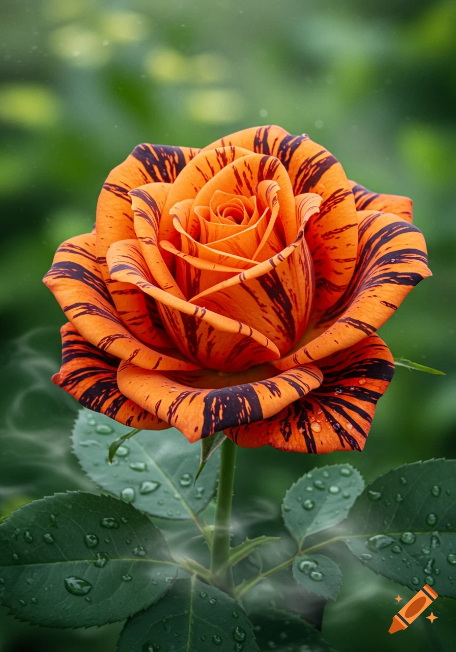 A close-up photorealistic image of an orange rose with dark black, tiger-like stripes and water droplets on its petals and leaves.