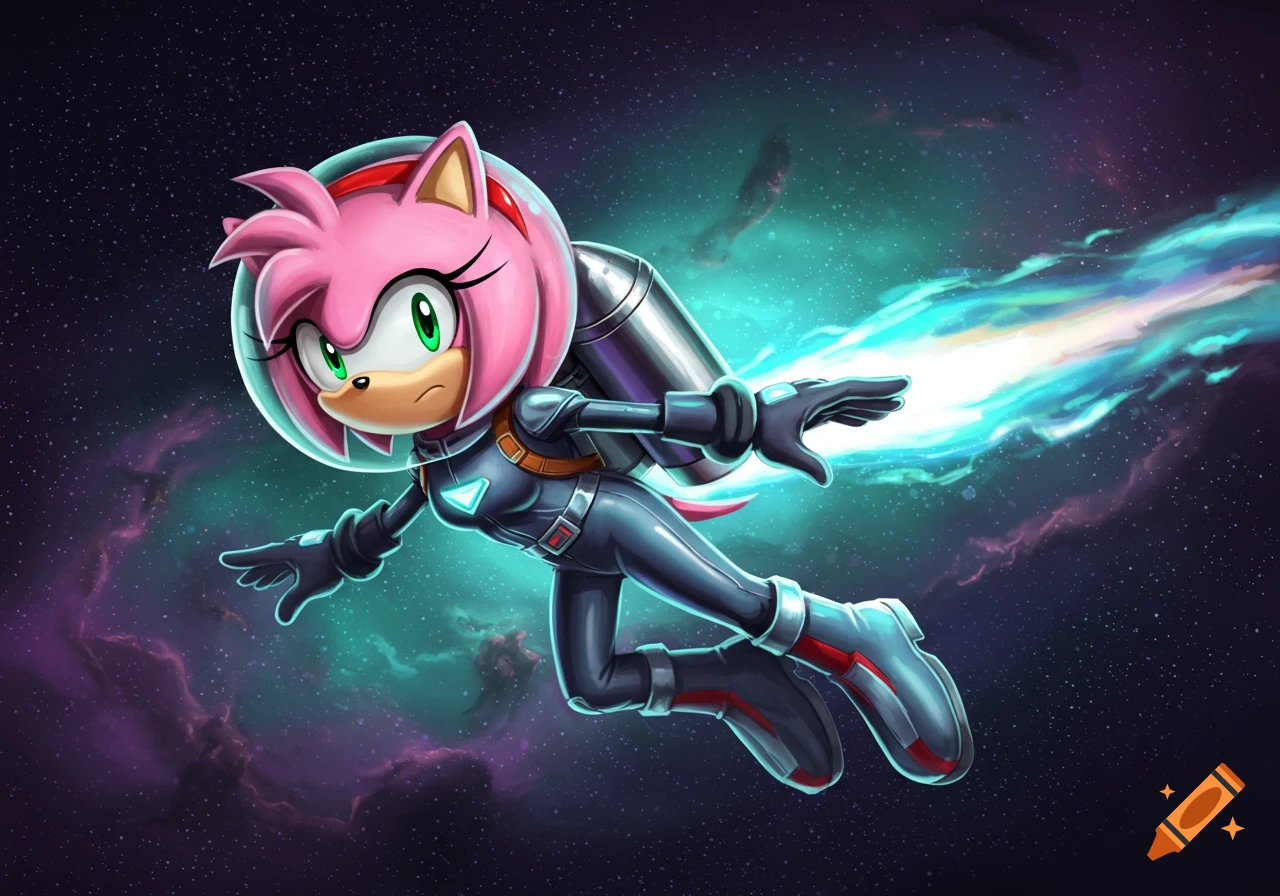 Amy Rose in a spacesuit with a jetpack flying through colorful outer space, cartoon style.