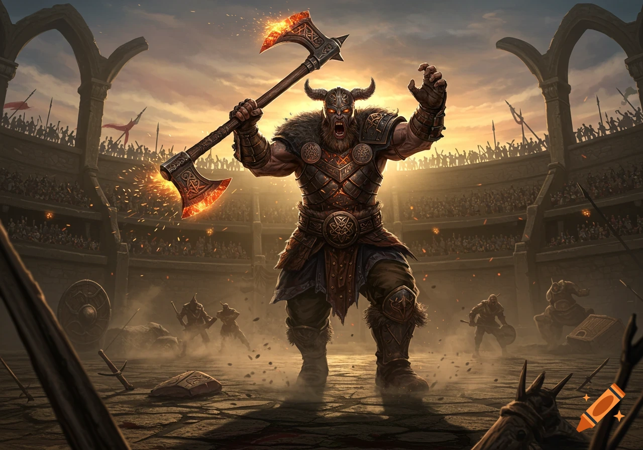 A powerful horned Viking warrior with a flaming double-bladed axe stands triumphantly in a bustling gladiatorial arena at sunset.