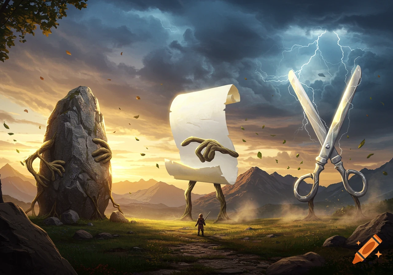 Epic fantasy art of Rock, Paper, and Scissors characters facing off on a stormy plain, with lightning striking scissors.