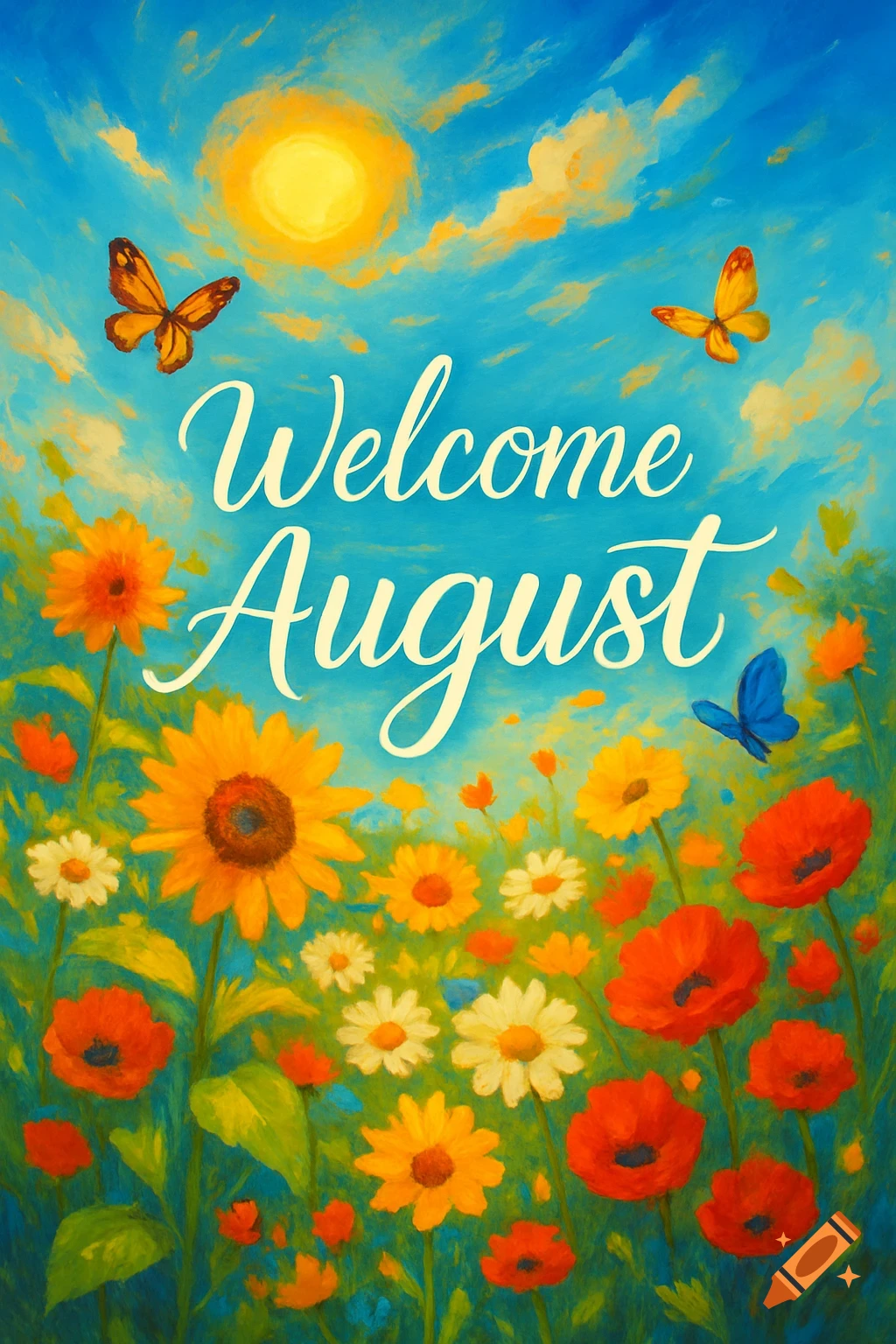A vibrant, painterly image of a flower field under a bright blue sky with a sun and butterflies, featuring the text "Welcome August" in white script.