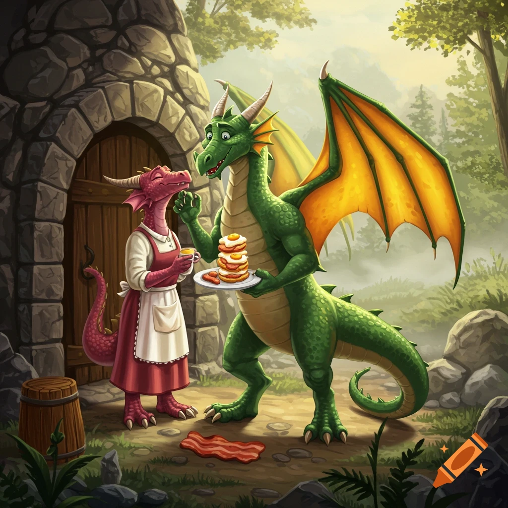 A green dragon offers a plate of pancakes and sausages to a red dragon holding a cup, in front of a stone archway in a forest.