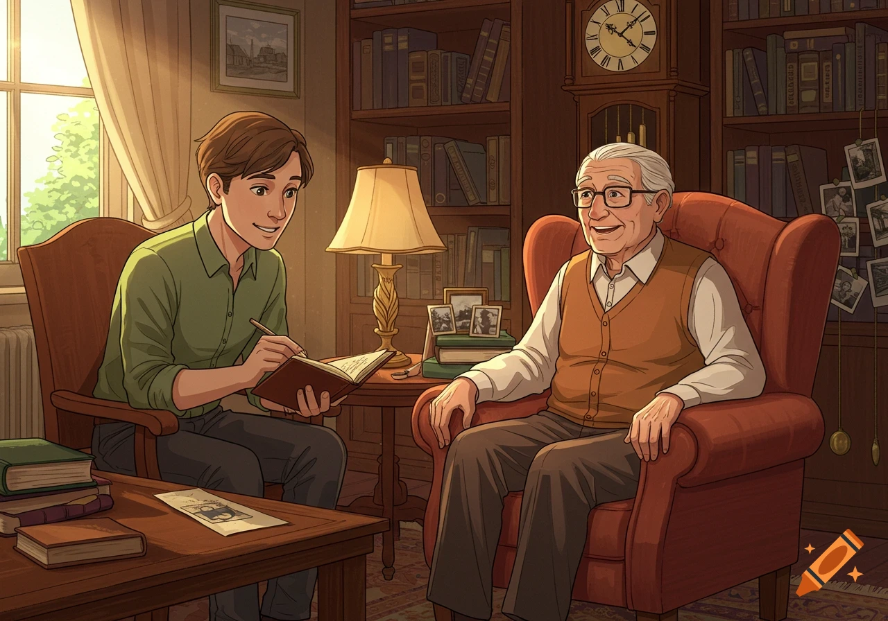 A young man interviews an elderly man in a cozy library, with the young man writing in a notebook and the elder smiling in an armchair.