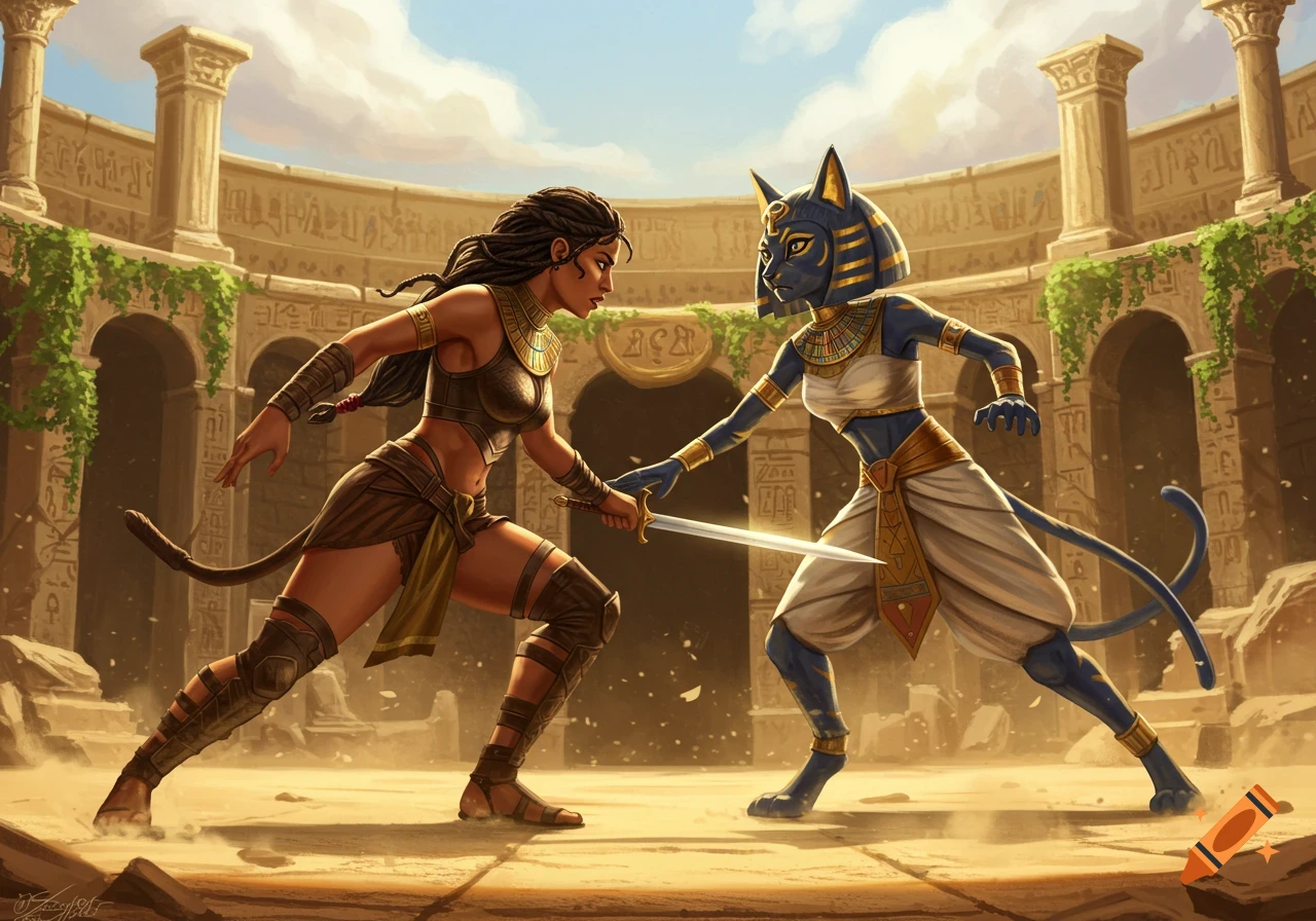 A digital illustration of a human warrior fighting an anthropomorphic cat-like goddess in an ancient Egyptian arena.