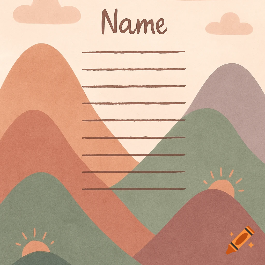 A kid-friendly illustration of boho-colored mountains with clouds, two suns, and the word 'Name' above lines for writing.