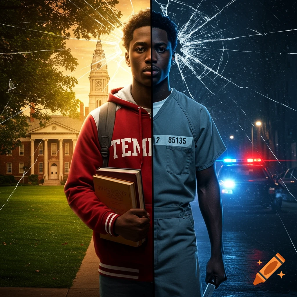 A man's face split down the middle. One side shows him as a college student in a red hoodie with books, on a sunny campus. The other side shows him in a prison jumpsuit holding a knife, on a dark street with police lights. The image has a cracked glass effect.