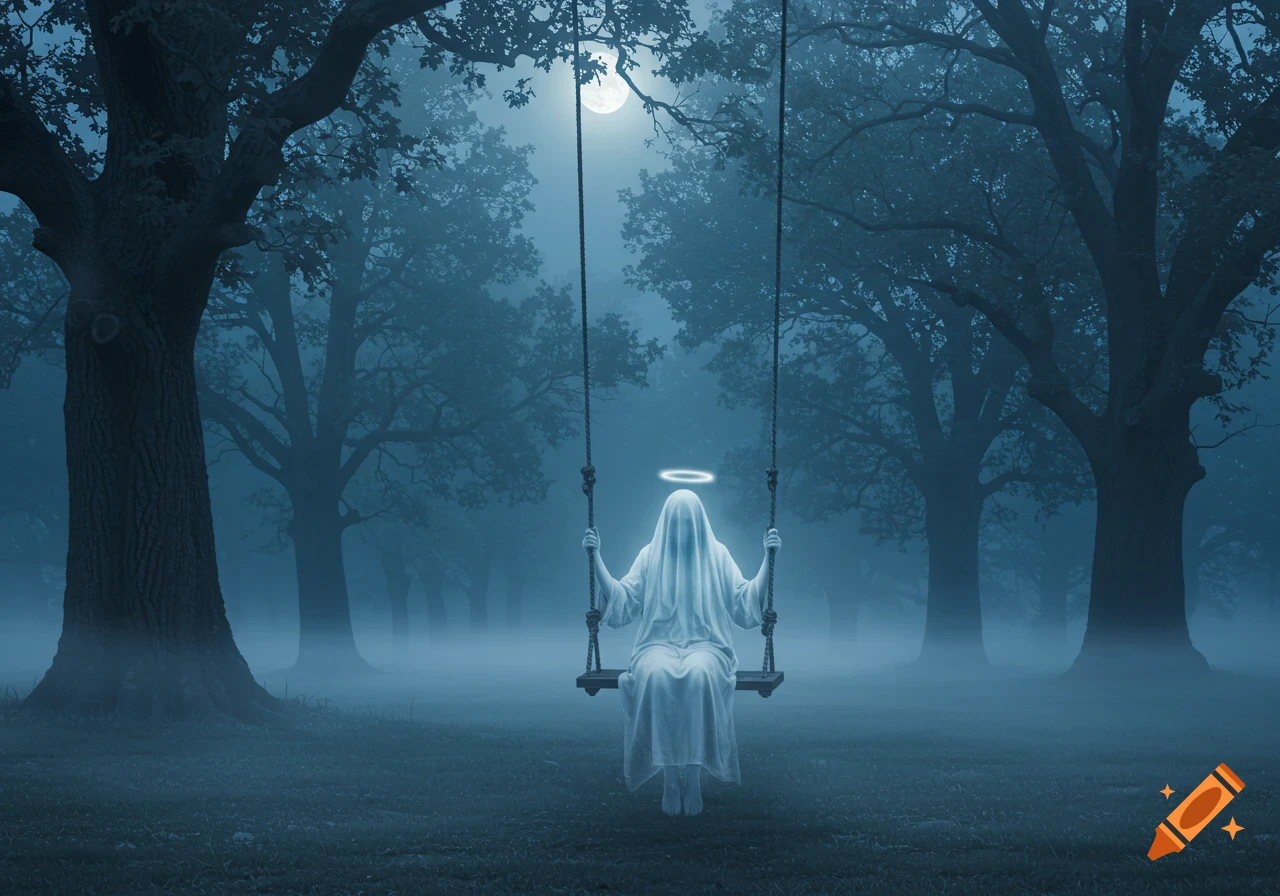 An ethereal ghostly figure draped in white with a halo sits on a swing in a dark, misty forest under a full moon.