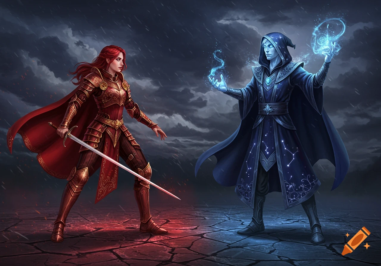 A red-haired woman in gold and red armor with a sword faces off against a blue-skinned wizard in a dark blue robe casting blue magic, under a stormy sky.