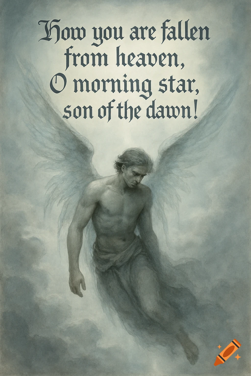 An ethereal illustration of a muscular male angel with large wings, head bowed in sorrow, surrounded by clouds, with a biblical verse above him.