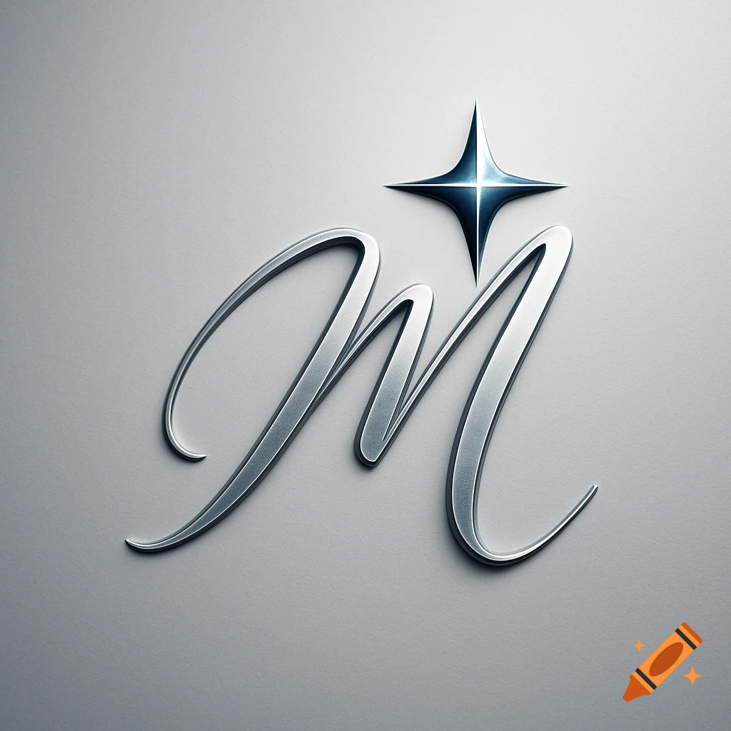 A silver, cursive letter M combined with a shiny, blue-tinged four-pointed star, all rendered in a metallic style on a light grey background.
