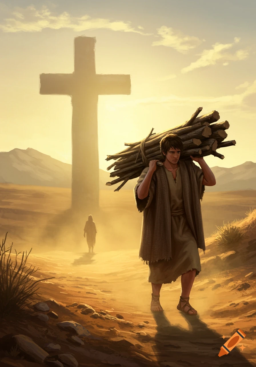 A young man, Isaac, walks up a dusty desert path, carrying a heavy bundle of wood on his shoulder, his shadow resembling a cross. A large cross stands in the background under a golden sky.