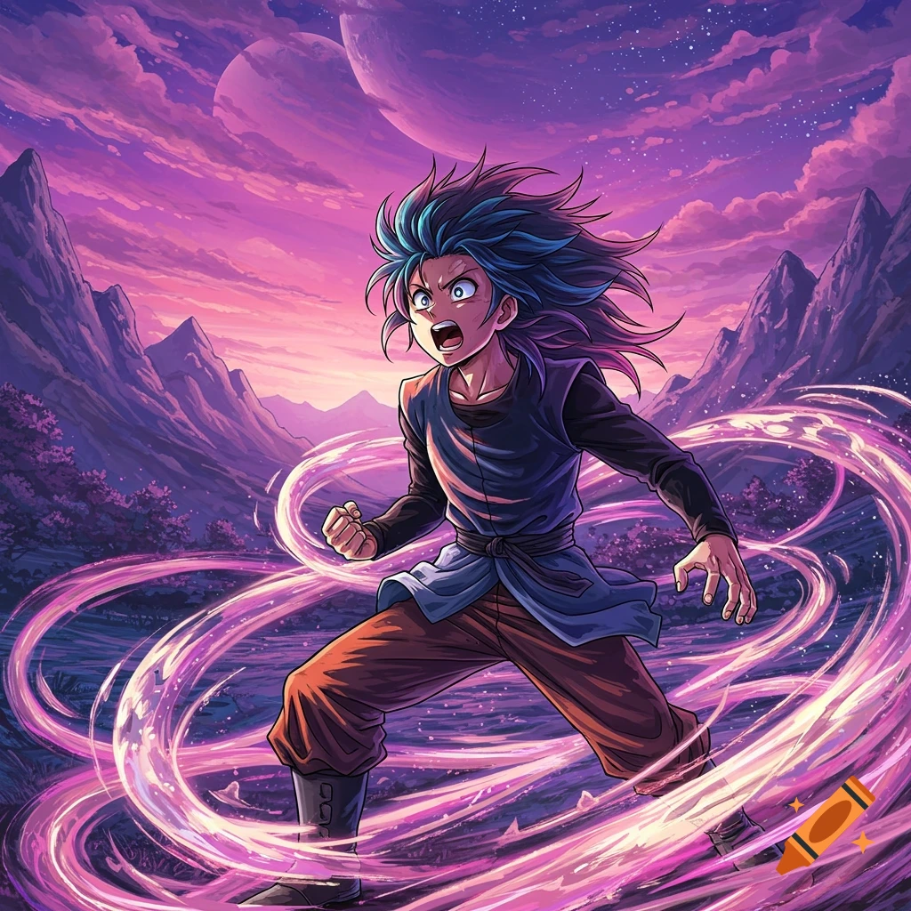 An anime character with spiky blue hair and a determined expression stands amidst swirling purple energy in a vibrant, alien landscape with mountains and two moons.