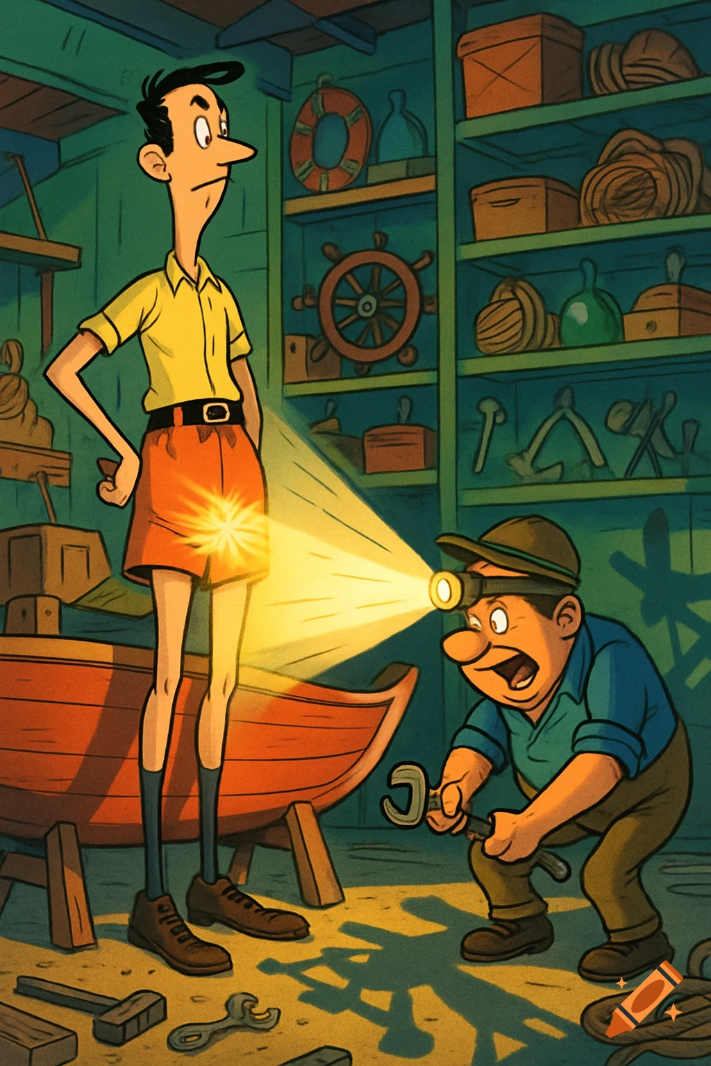 Cartoon of a tall man in high shorts illuminated by a short man's headlamp in a workshop with a boat.