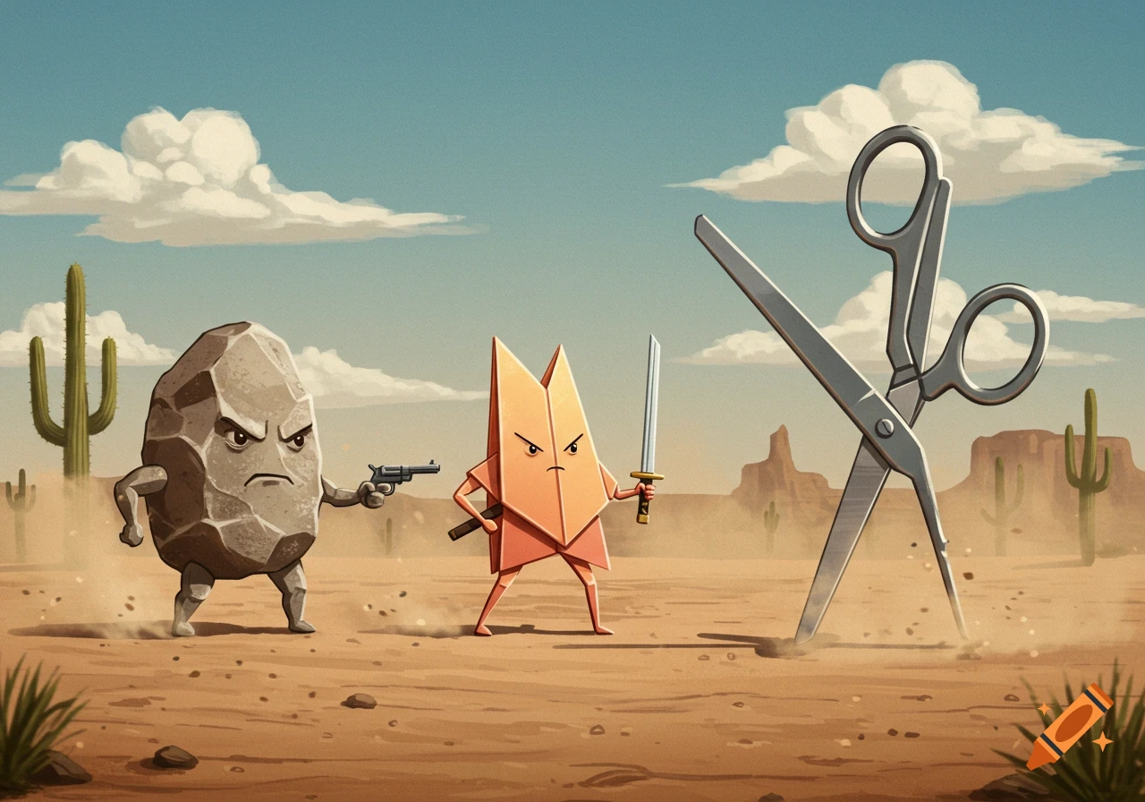 A cartoon rock with a gun, an origami paper with a sword, and large scissors in a desert Mexican standoff.