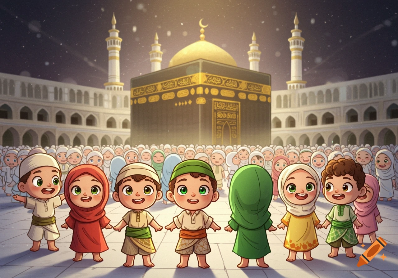 Cute cartoon Muslim children, wearing colorful traditional attire, holding hands in front of the Kaaba mosque with a crowd in the background.