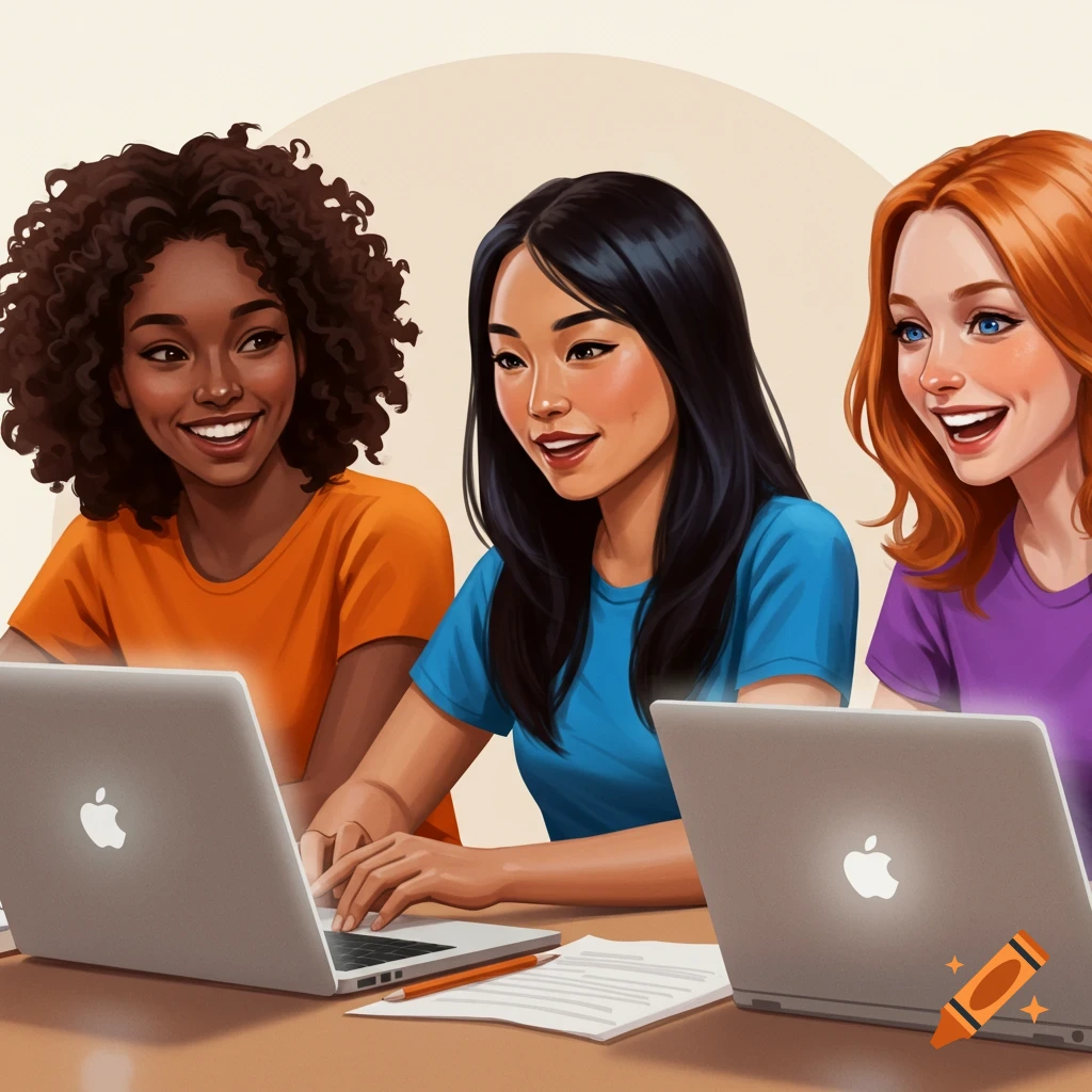 Three smiling diverse women, including one with curly dark hair, one with straight dark hair, and one with red hair, use laptops at a table in a digital art style.