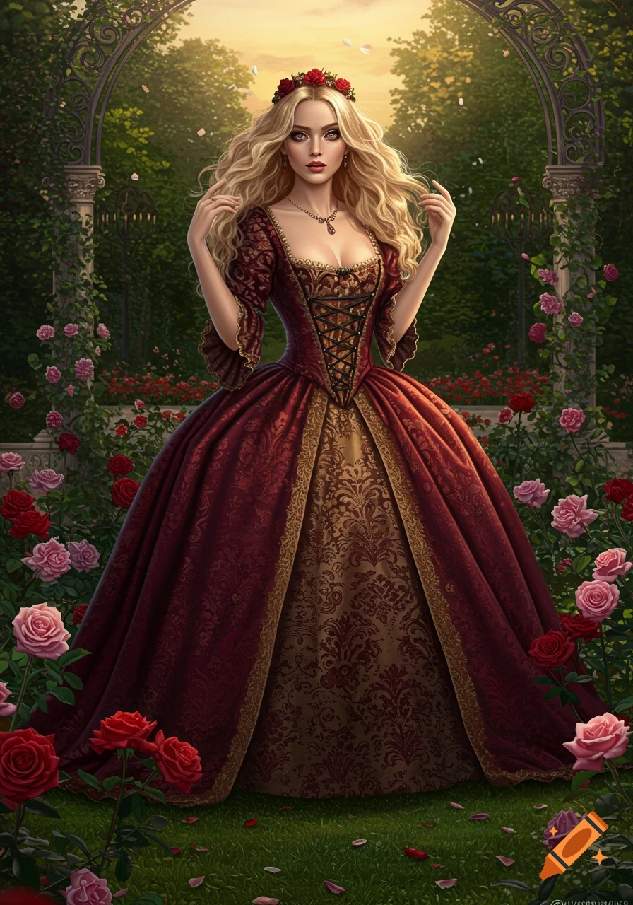 A blonde woman in a rich red and gold baroque-style gown stands in a rose garden under an archway at sunset. Photorealistic.