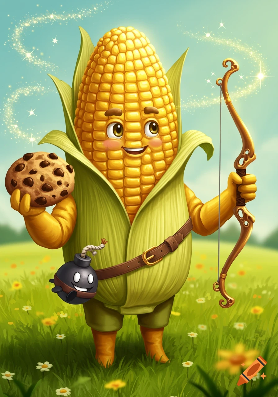 A friendly cartoon ear of corn character holding a chocolate chip cookie, a bow, and a smiling bomb, with magical sparkles, standing in a grassy field.