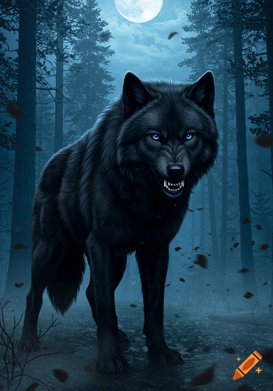 A snarling black wolf with glowing blue eyes stands in a dark, moonlit forest with scattered leaves.