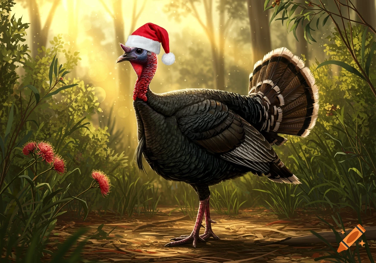 A wild turkey wearing a red Santa hat stands in a sunlit forest with green foliage and red flowers.