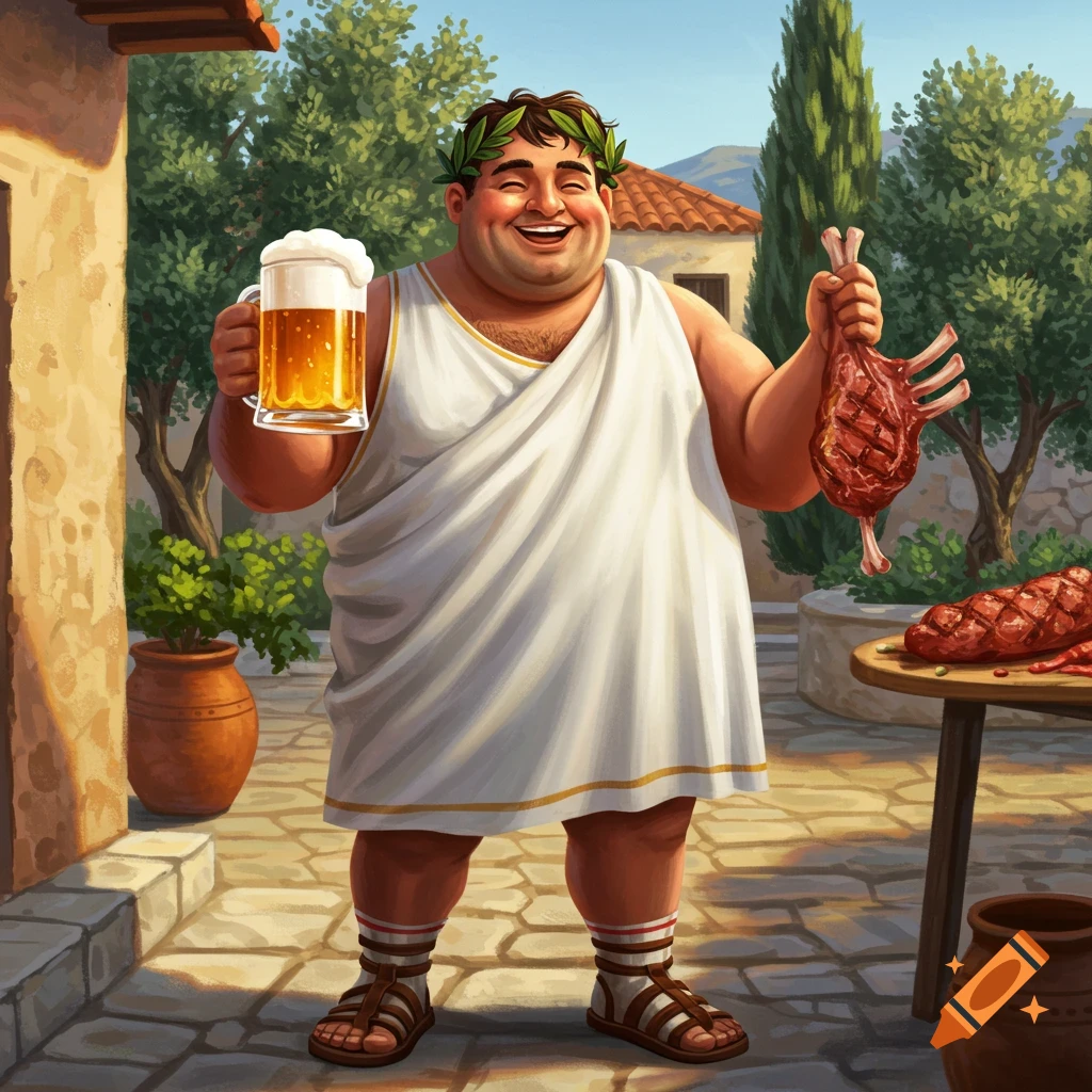 A chubby Greek man in a toga and laurel wreath holding a beer mug and a lamb chop in a sunny courtyard.