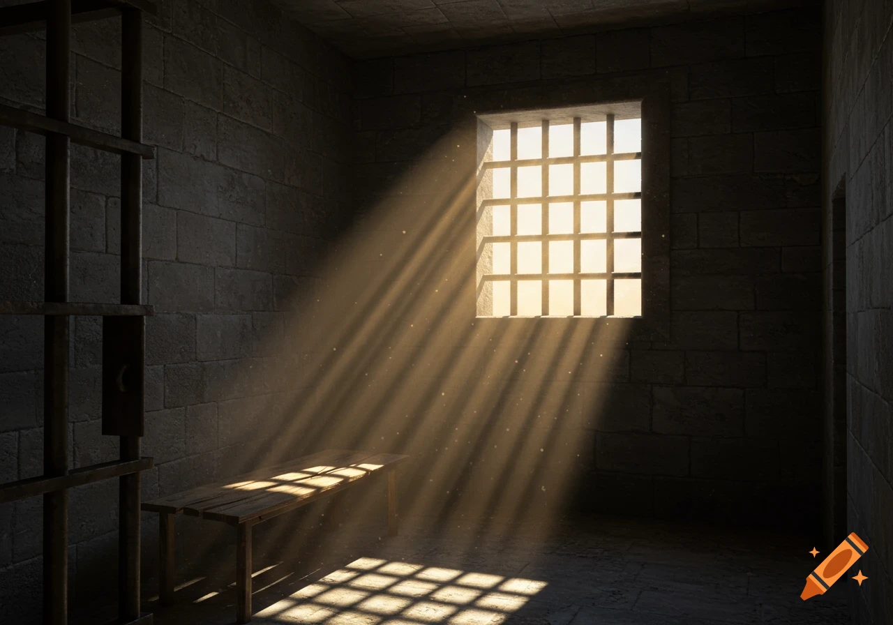 Sunlight streams through the barred window of a dark, stone prison cell, illuminating a wooden bench.