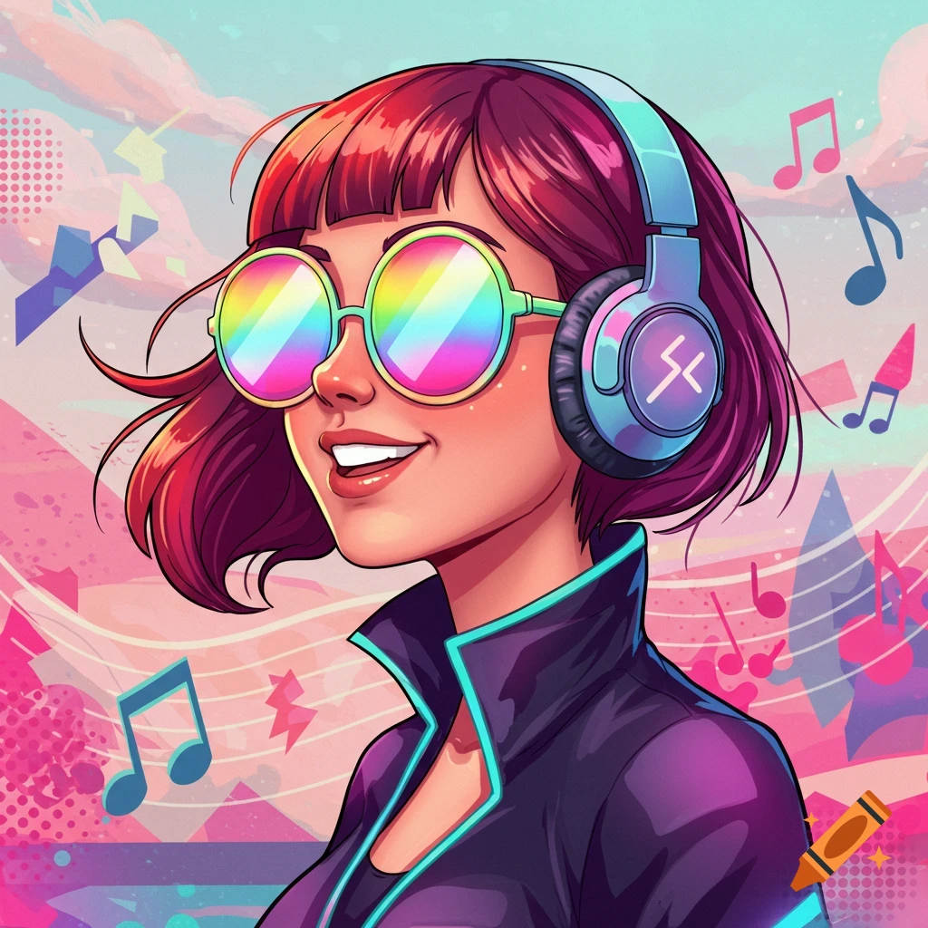 Cartoon woman with red hair, rainbow sunglasses, and blue headphones, smiling amidst colorful music notes.