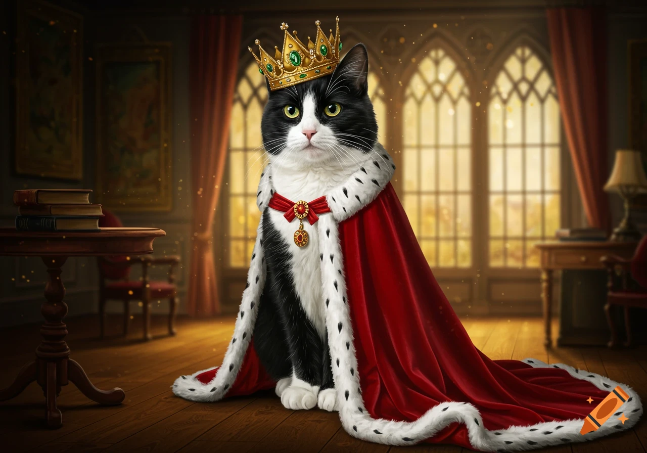 A photorealistic tuxedo cat wearing a golden crown and a red and white royal cape sits in a grand room with large windows.
