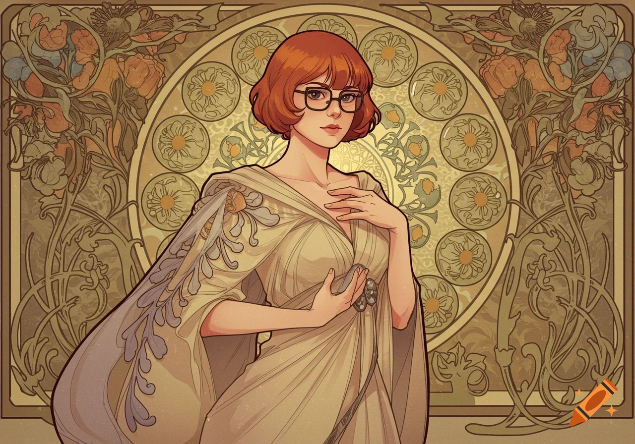 A woman with short red hair and glasses in an Art Nouveau style, with an ornate background of floral and circular patterns.